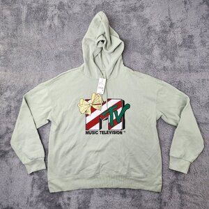 MTV Music Television Hoodie Womens XL Aqua Gray with Glitter Bow Print Pullover